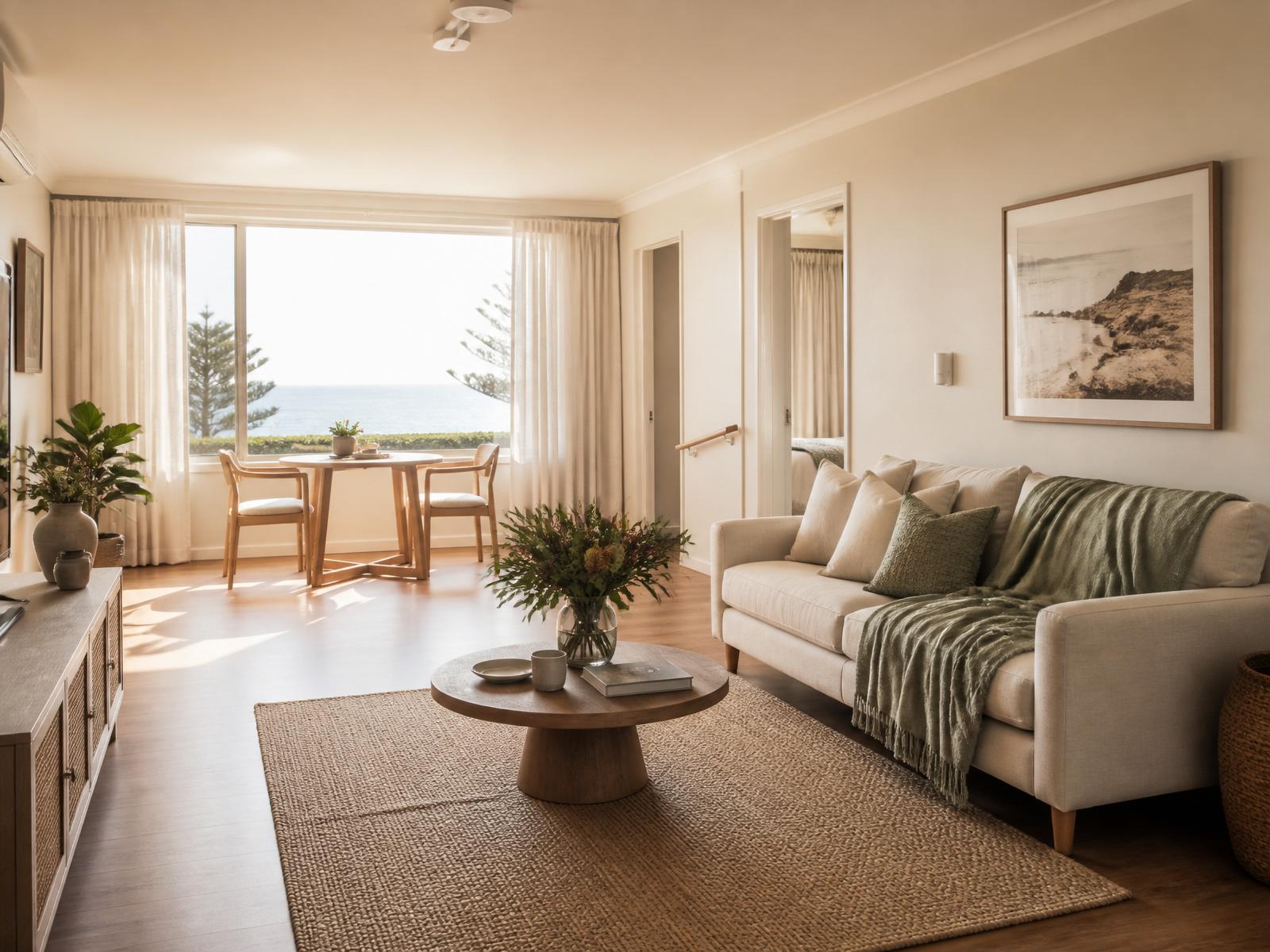 Warm, sunlit accessible coastal apartment living room with sage and cream tones